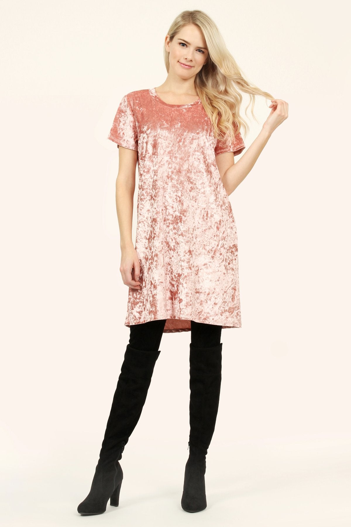 Short Sleeve Crushed Velvet Tunic Dress