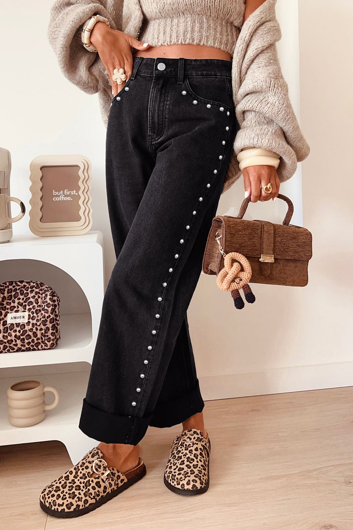 Black Studded Detail Straight Leg Casual Loose Jeans
