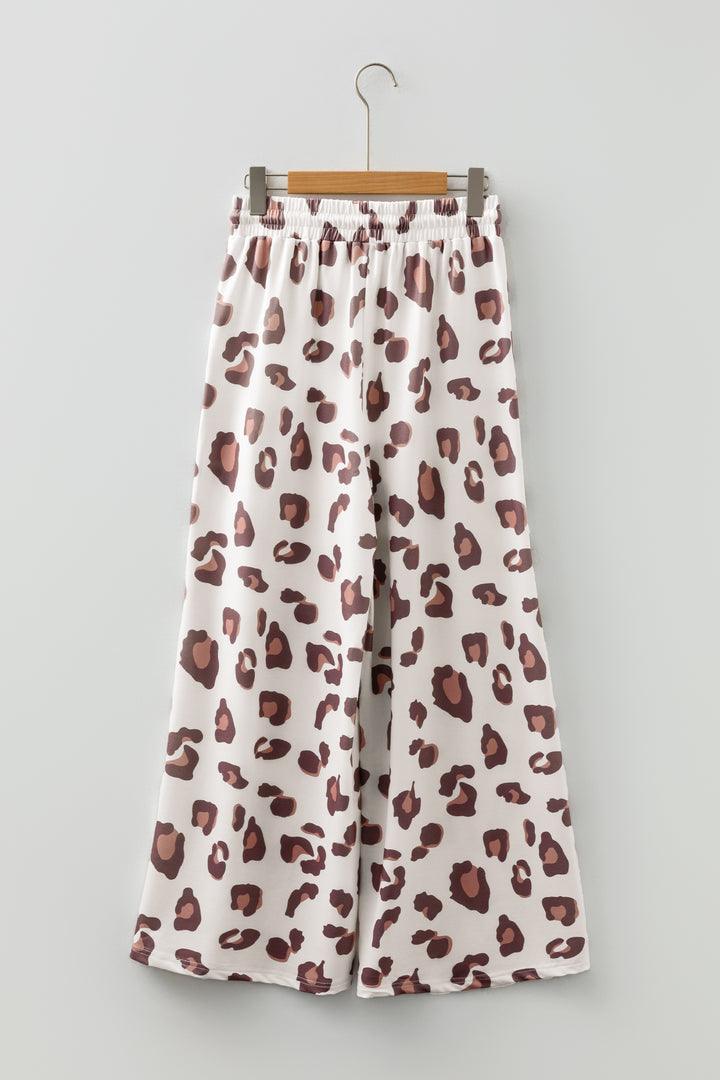 Beige Drawstring Leopard Print Patch Pocket Loose Pants
