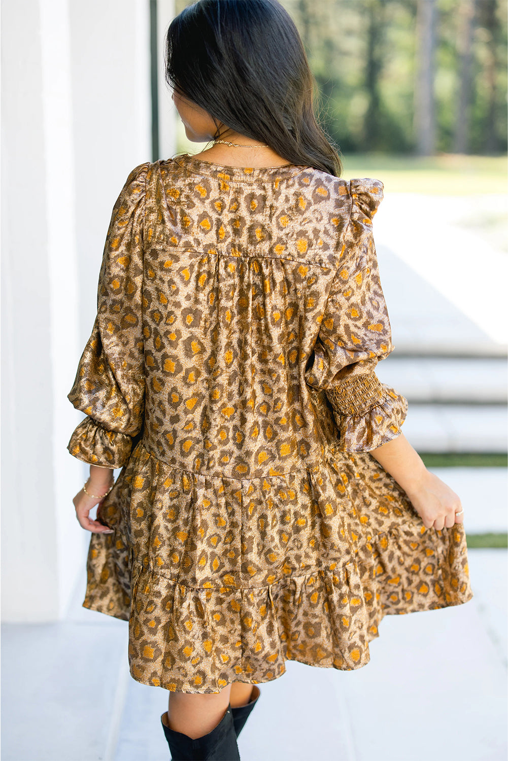 Khaki Leopard Print V Neck Ruffled Sleeve Tiered Loose Mini Dress