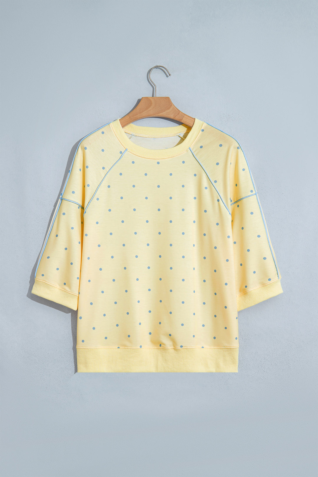 Yellow Polka Dot Print Piping Trim 3/4 Sleeve Relaxed Top