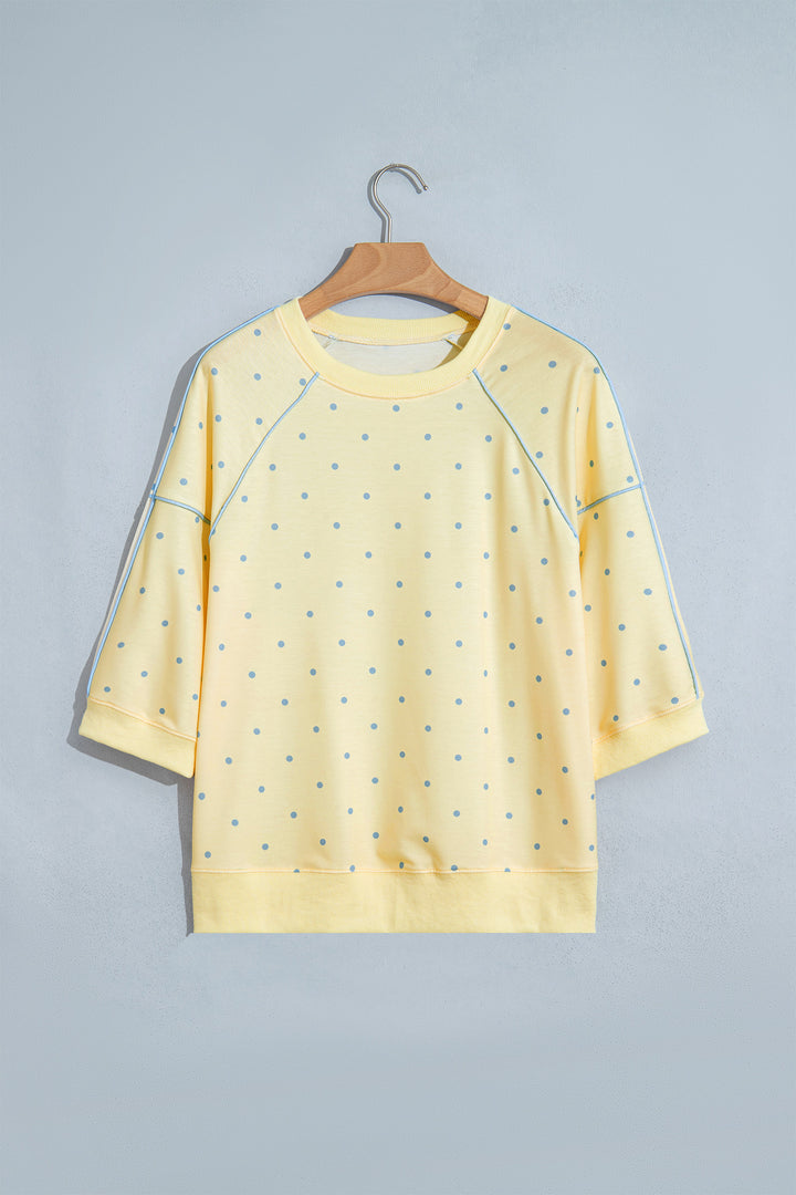Yellow Polka Dot Print Piping Trim 3/4 Sleeve Relaxed Top