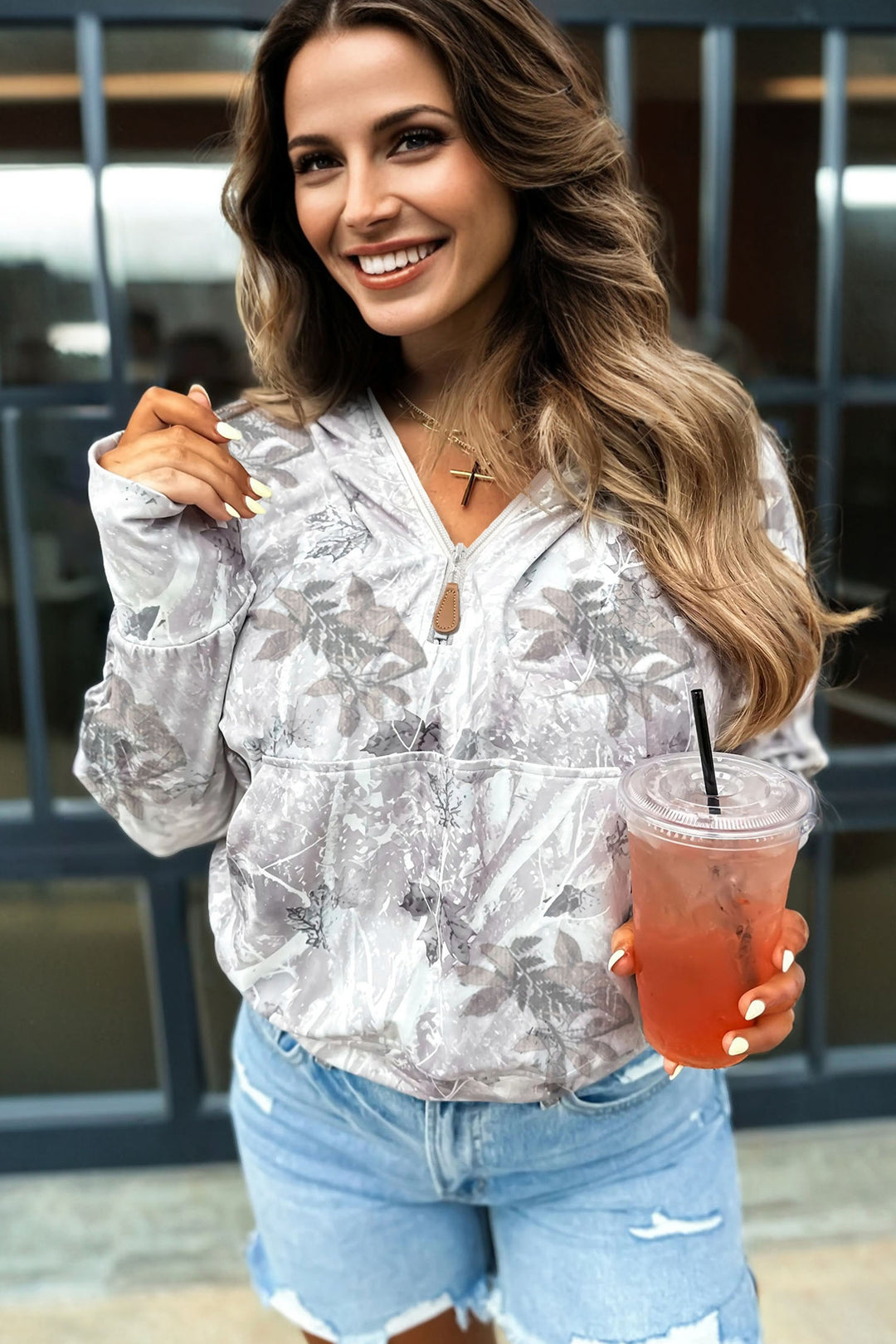 Gray Camo Leaf Print Kangaroo Pocket Quarter Zip Hoodie