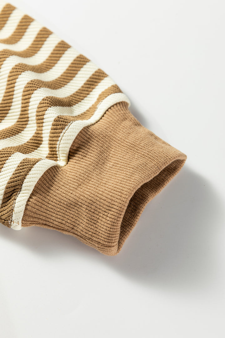 Black Stripe Textured Drop Shoulder Pullover Top Drawstring Mini Skirt Two Piece Dress Set