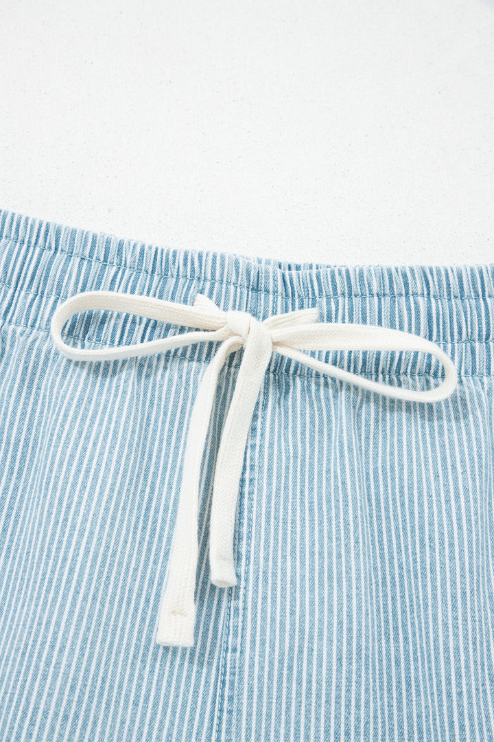 Sky Blue Stripe Plus Size Contrast Drawstring Elastic Waist Denim Shorts
