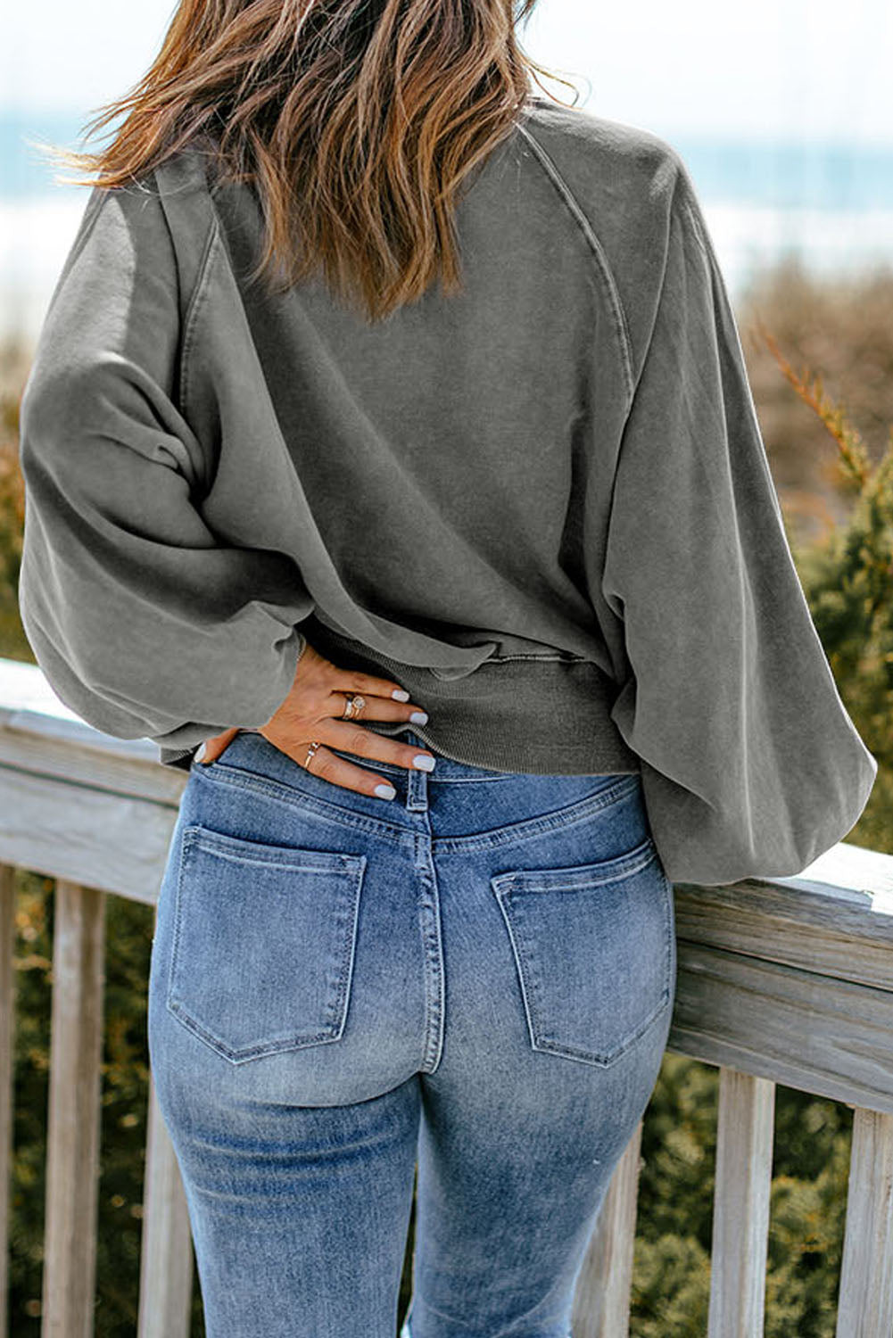 Gray Washed Snap Buttons Lantern Sleeve Pullover Sweatshirt