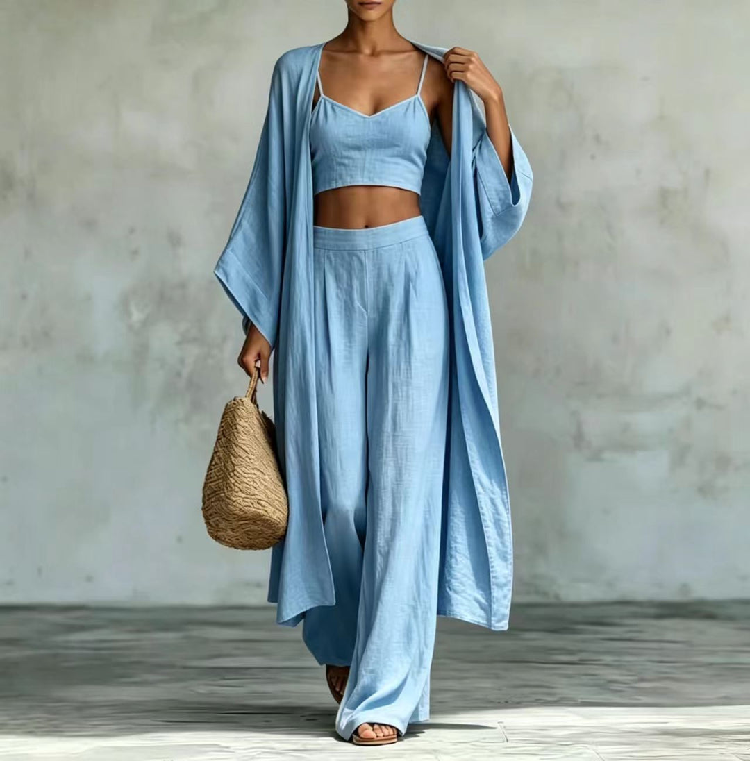 Loose Cardigan &amp; Strap Top High Waist Wide Leg Pants Set – 3-Piece
