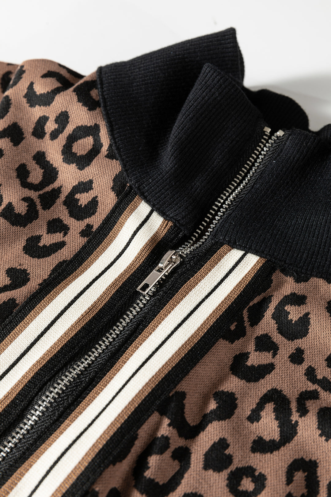 Khaki Leopard Print Quarter Zip Long Sleeve Top Mini Skirt Set