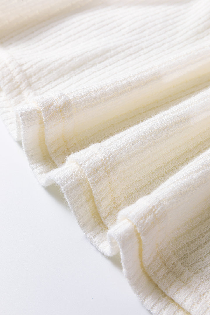 White Textured Knit V Neck Short Bubble Sleeve Peplum Top