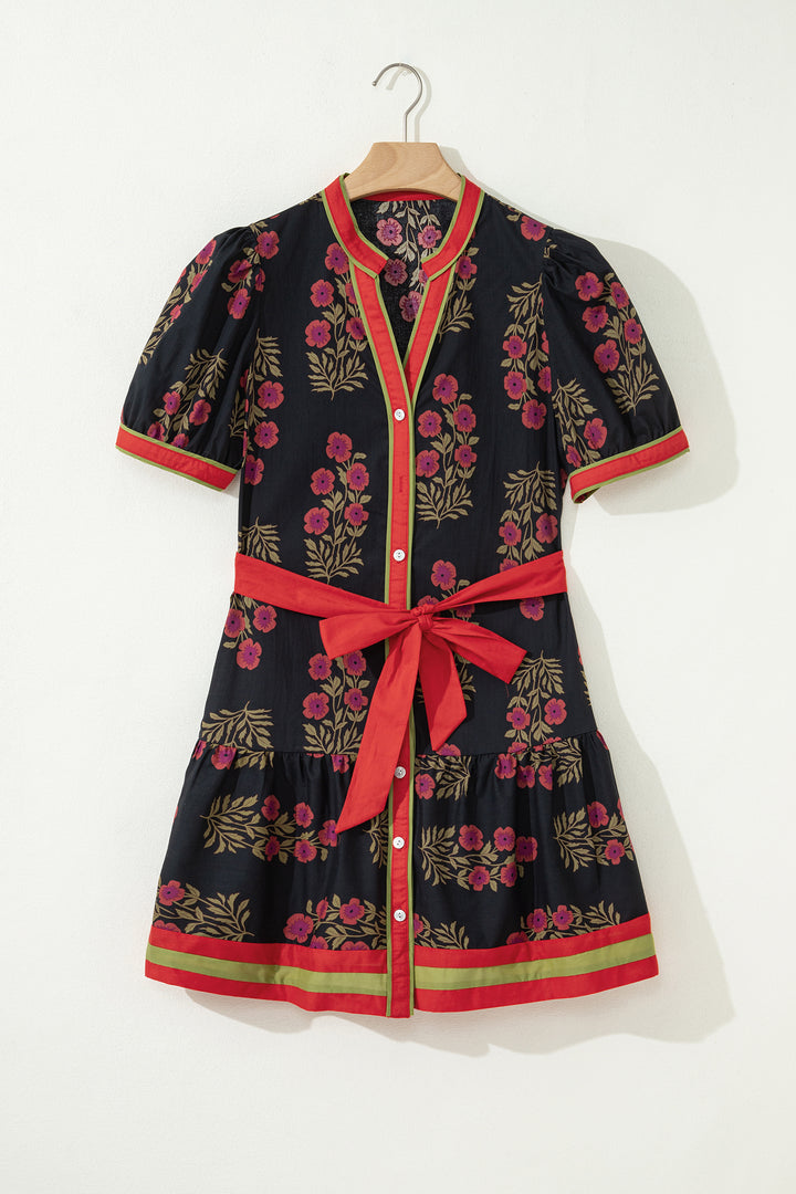 Black Retro Floral Print Button Down Belted Short Puff Sleeve Mini Dress