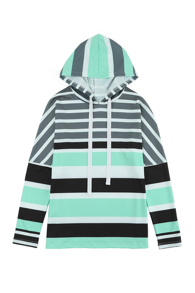 Green Striped Drawstring Long Sleeve Hoodie