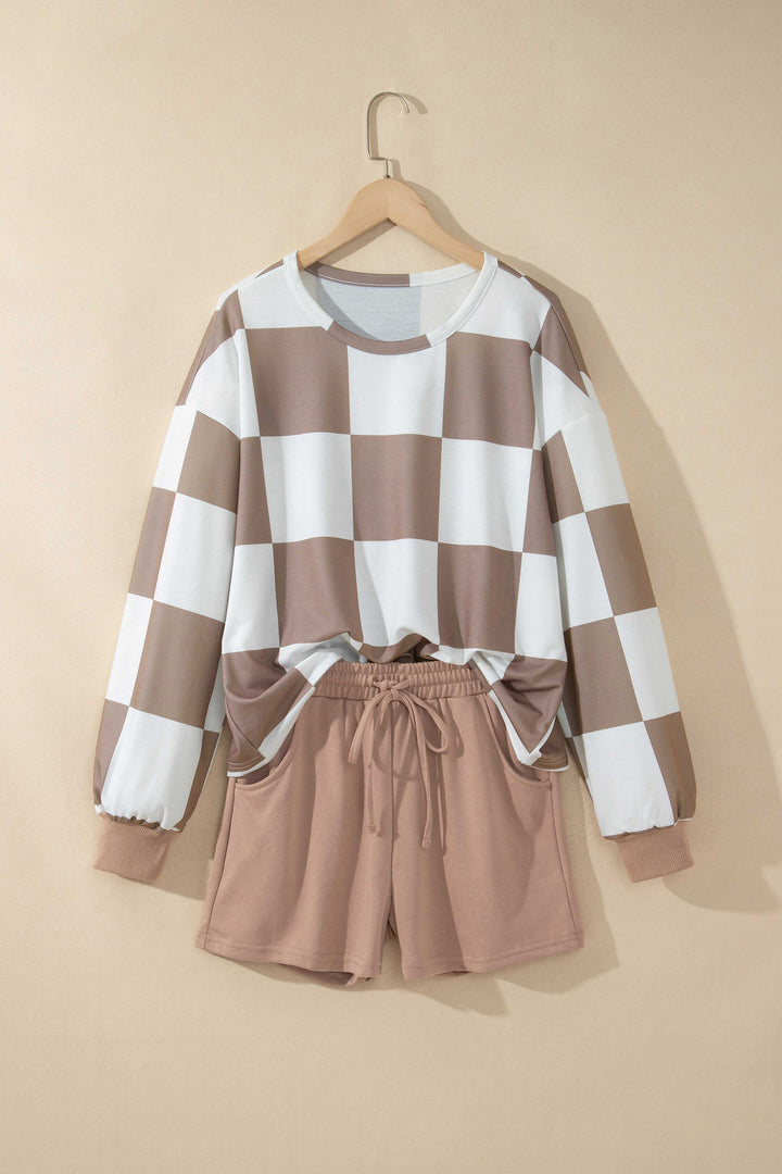 Khaki Checkerboard Plaid Long Sleeve Solid Color Shorts 2pcs Set