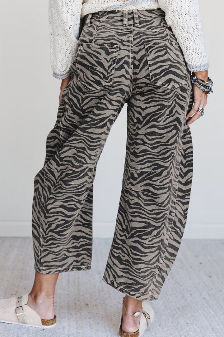 Gray Zebra Stripe Printed Wide Leg Jeans
