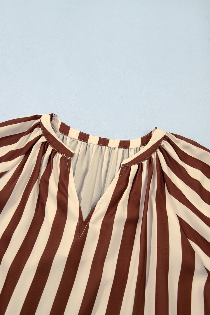 Brown Stripe V Neck Half Sleeve Casual Blouse
