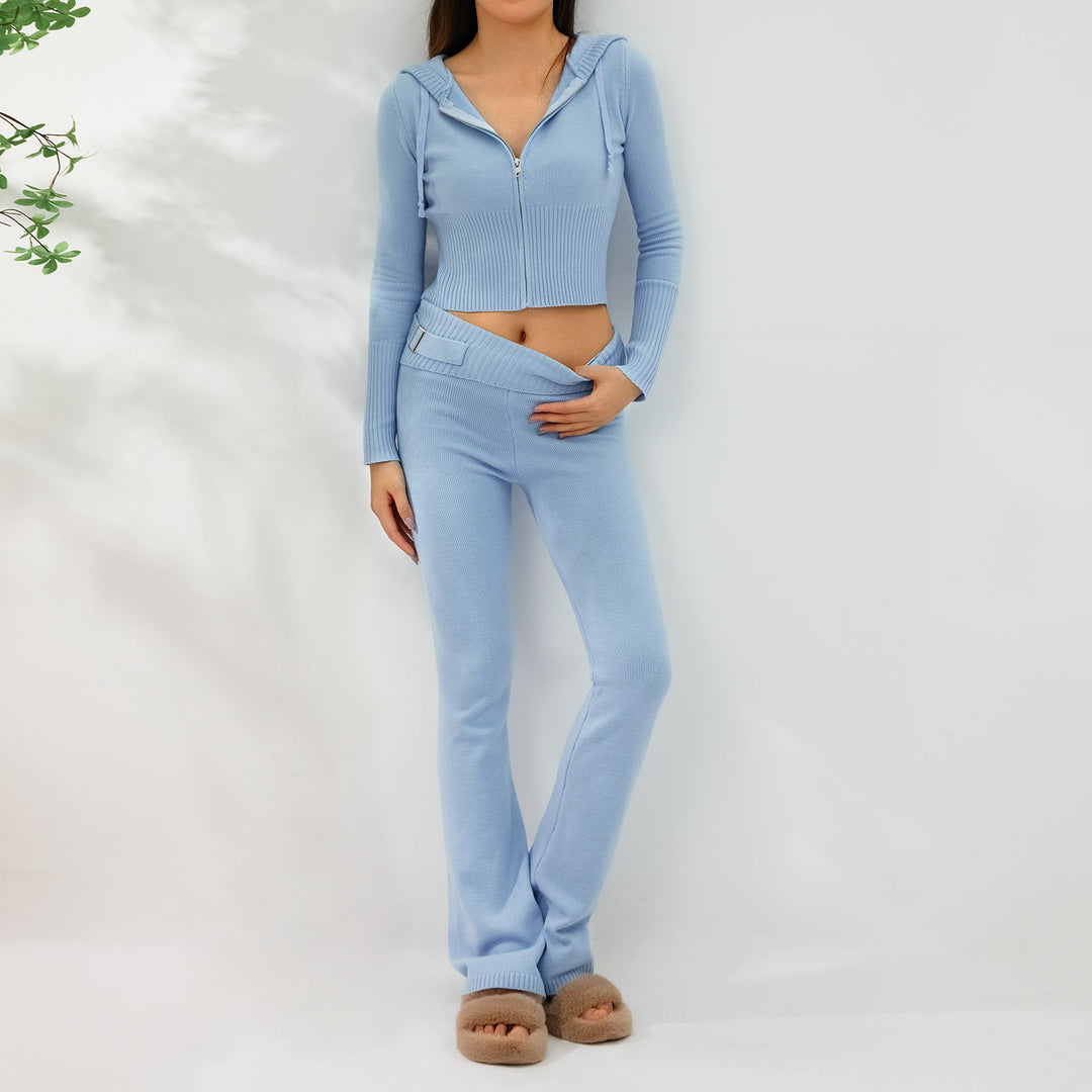 Women’s Knitted Hooded Two-Piece Set – Cardigan &amp; High-Waisted Pants Suit