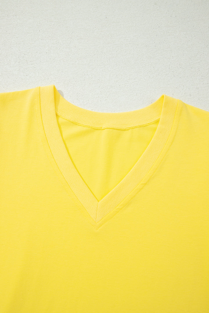 Yellow Solid Color V Neck Short Puff Sleeve Blouse