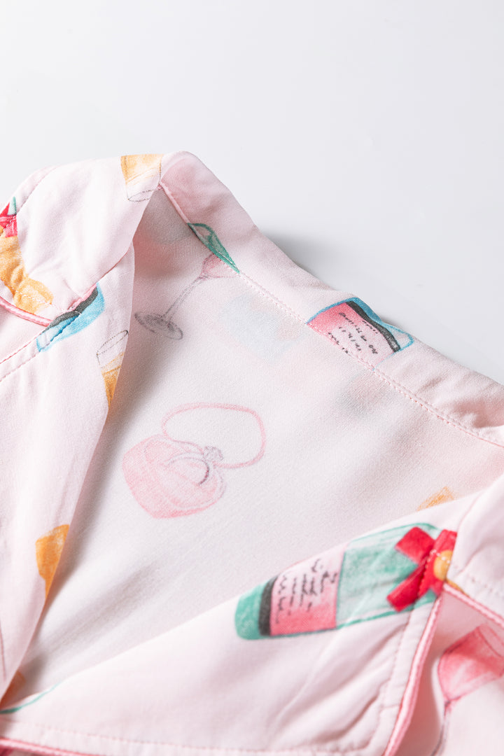 White Christmas Wine Glass Print Bow Knot Two Piece Pajama Set