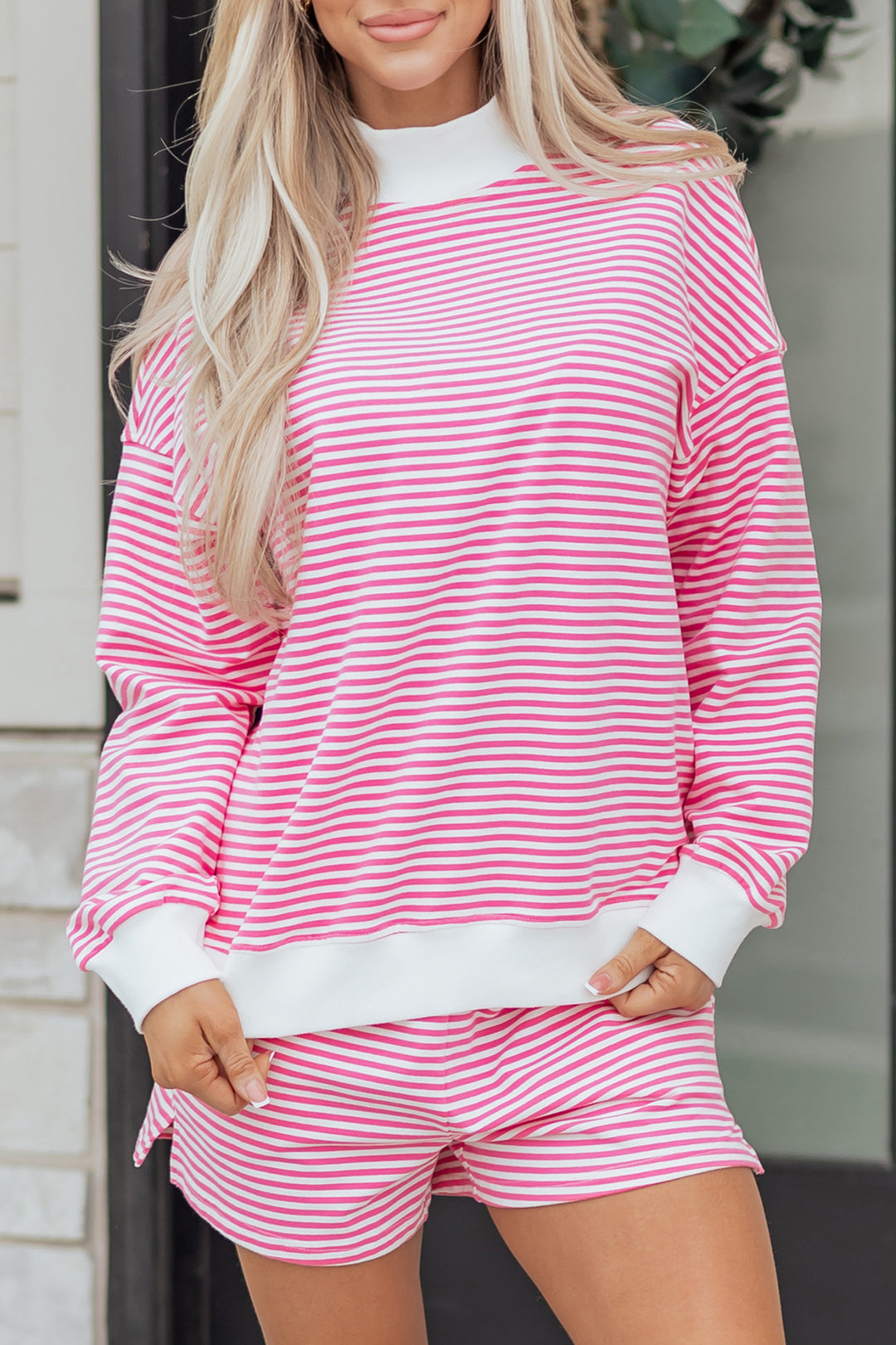 Pink Stripe Oversize Mock Neck Sweatshirt and Shorts Set