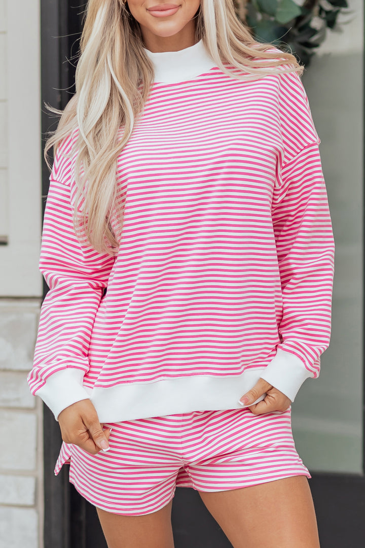 Pink Stripe Oversize Mock Neck Sweatshirt and Shorts Set