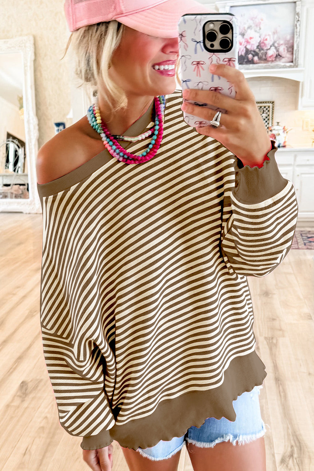 Green Stripe Loose Drop Shoulder Long Sleeve Top