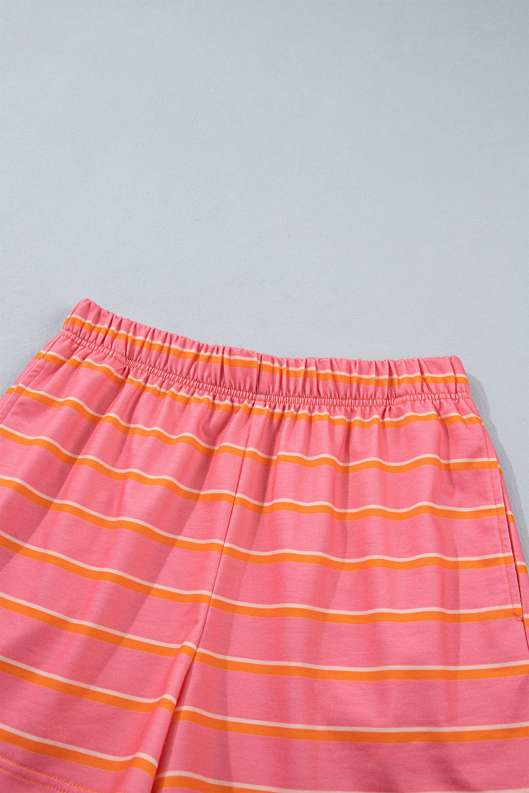 Rose Stripe Color Block Trim Long Sleeve Pullover Pocketed Shorts 2pcs Set