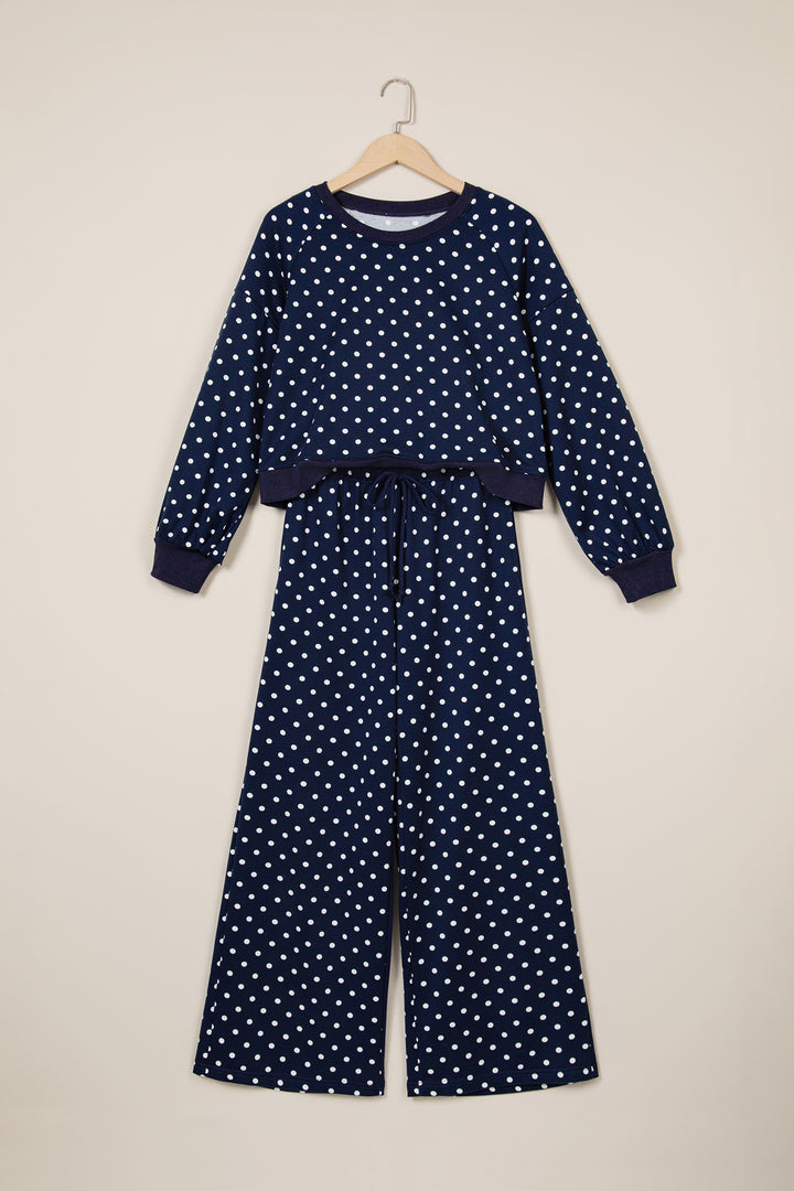 Red Polka Dot Drawstring Wide Leg Long Sleeve Top Pant Set
