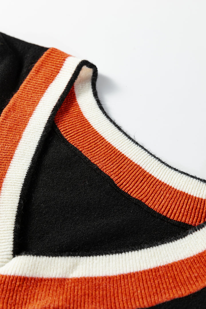 Black Contrast Striped Trim V Neck Varsity Sweater
