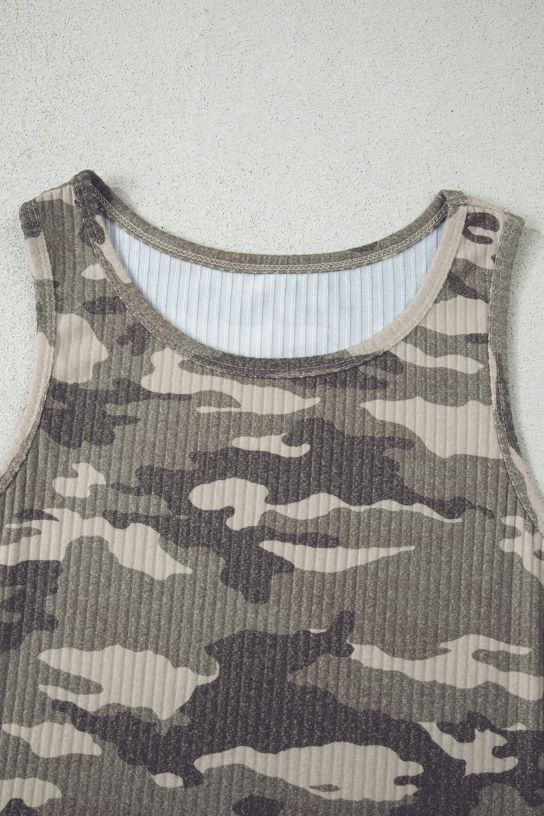Green Camouflage Print Ribbed Knit Round Neck Tank Top