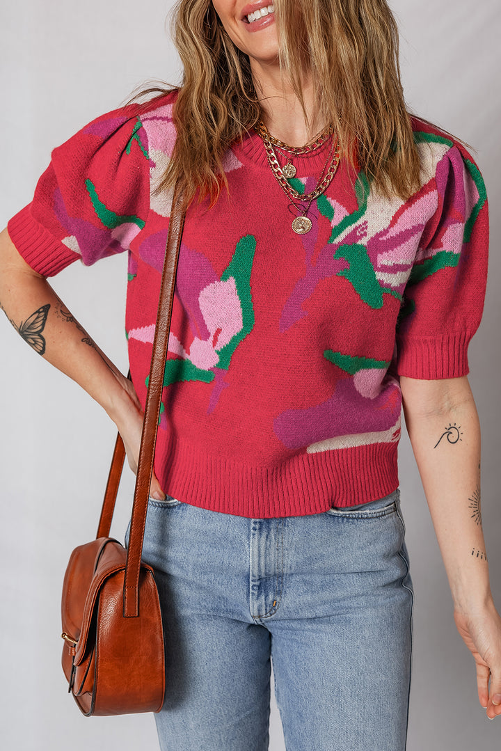 Red Floral Abstract Print Short Puff Sleeve Sweater
