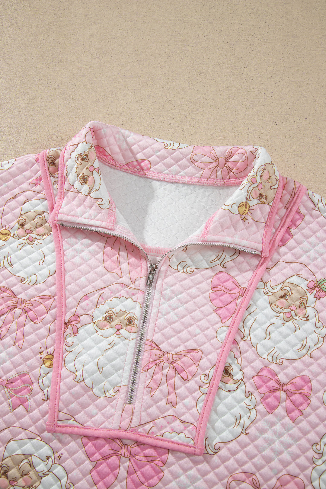 Pink Abstract Christmas Print Zip-Up Collar Long Sleeve Sweatshirt