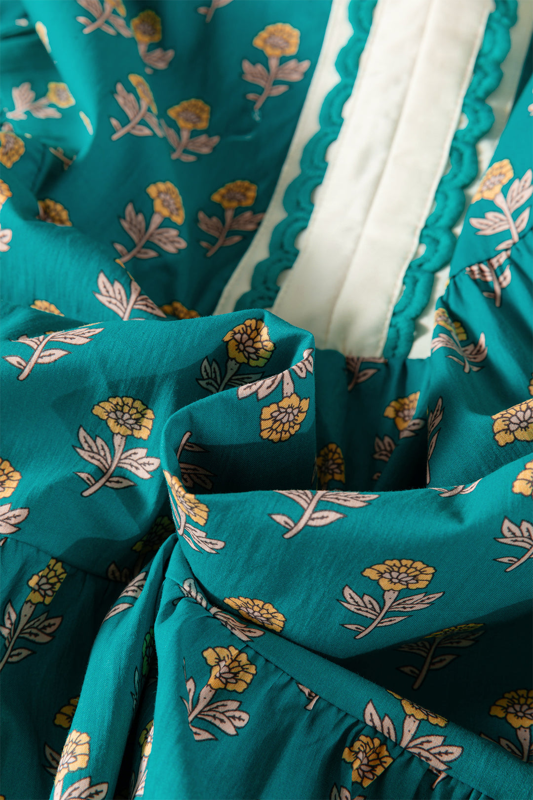 Green Contrast Trim V Neck Short Sleeve Floral Dress