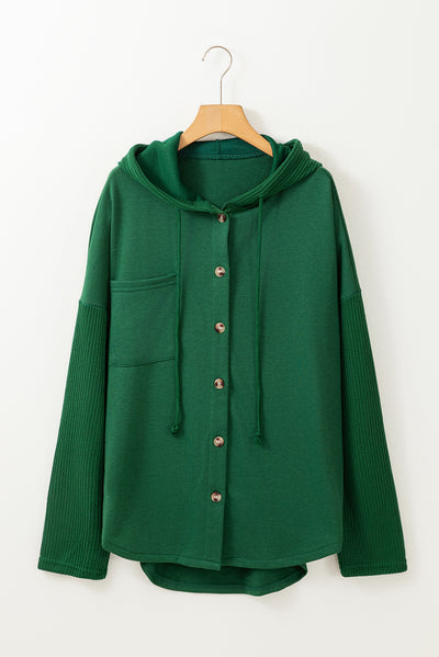 Blackish Green Button Up Contrast Knitted Sleeves Hooded Jacket