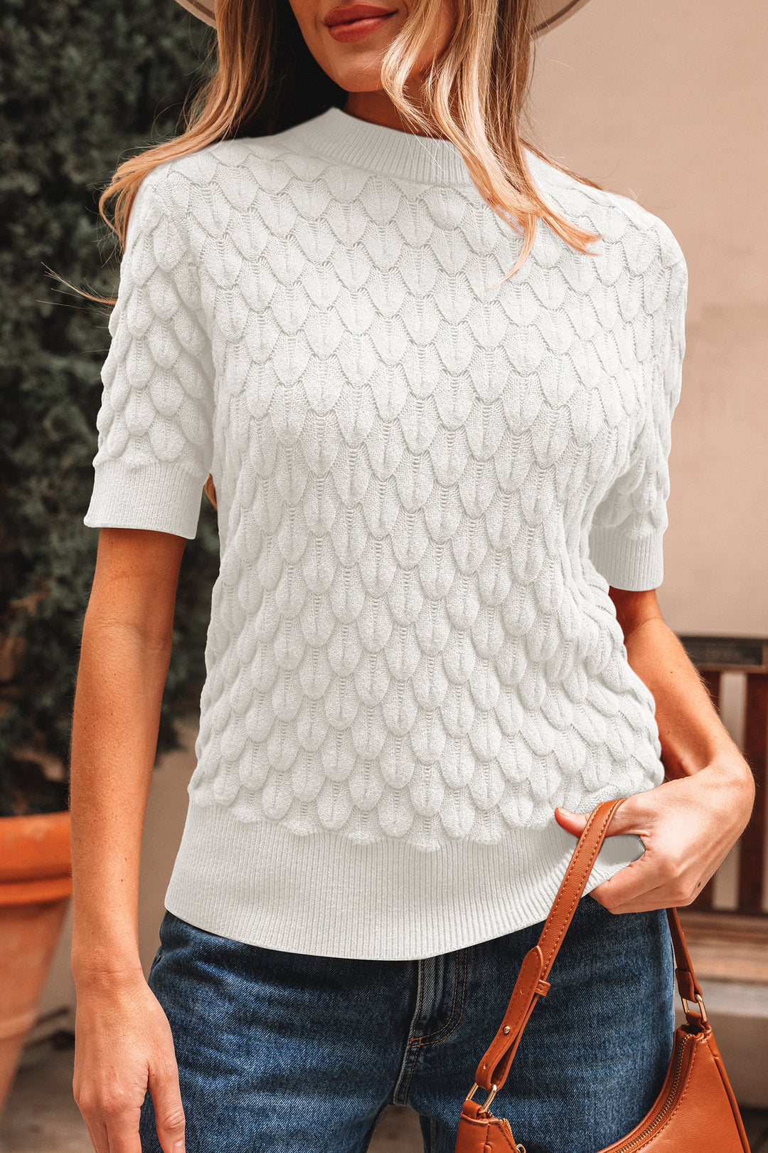 White Fish Scale Textured Knit Ribbed High Neck Short Sleeve Sweater