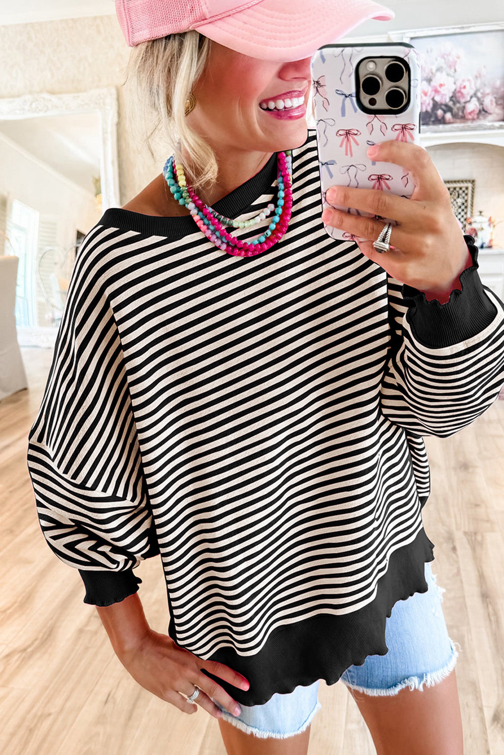 Black Stripe Loose Drop Shoulder Long Sleeve Top