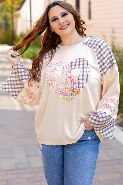 Beige Plaid Floral Peace Heart Graphic Wide Long Sleeve Top