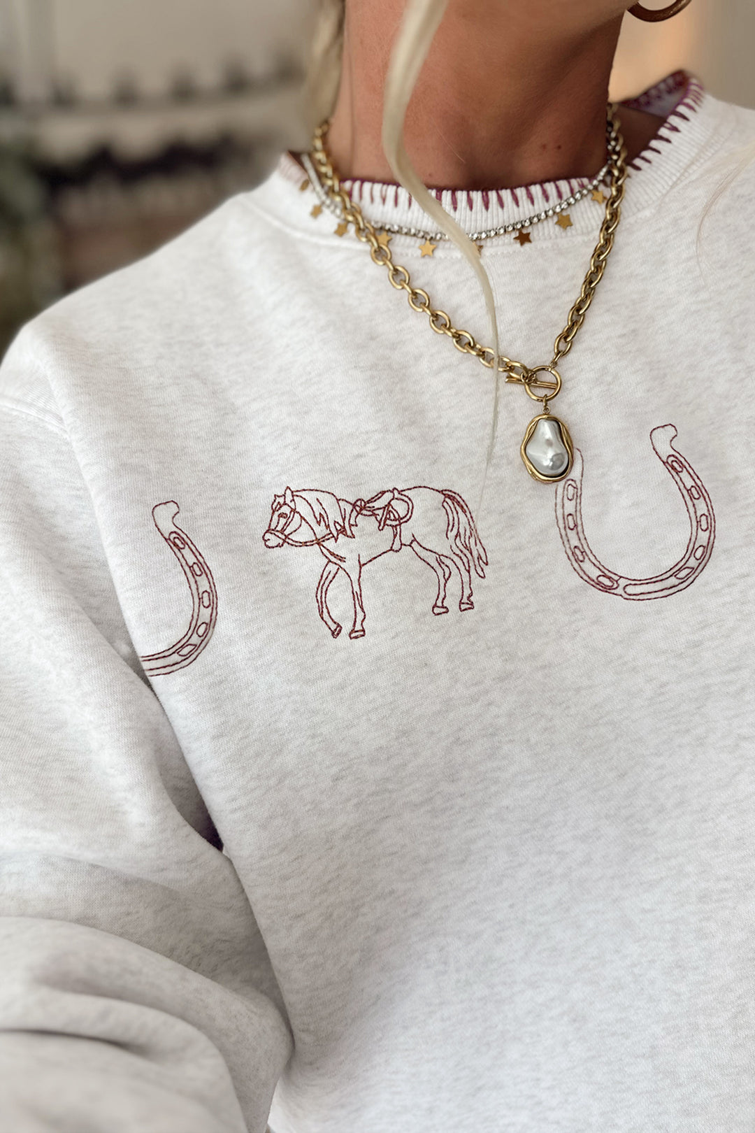 Light Grey Western Print Embroidered Casual Sweatshirt