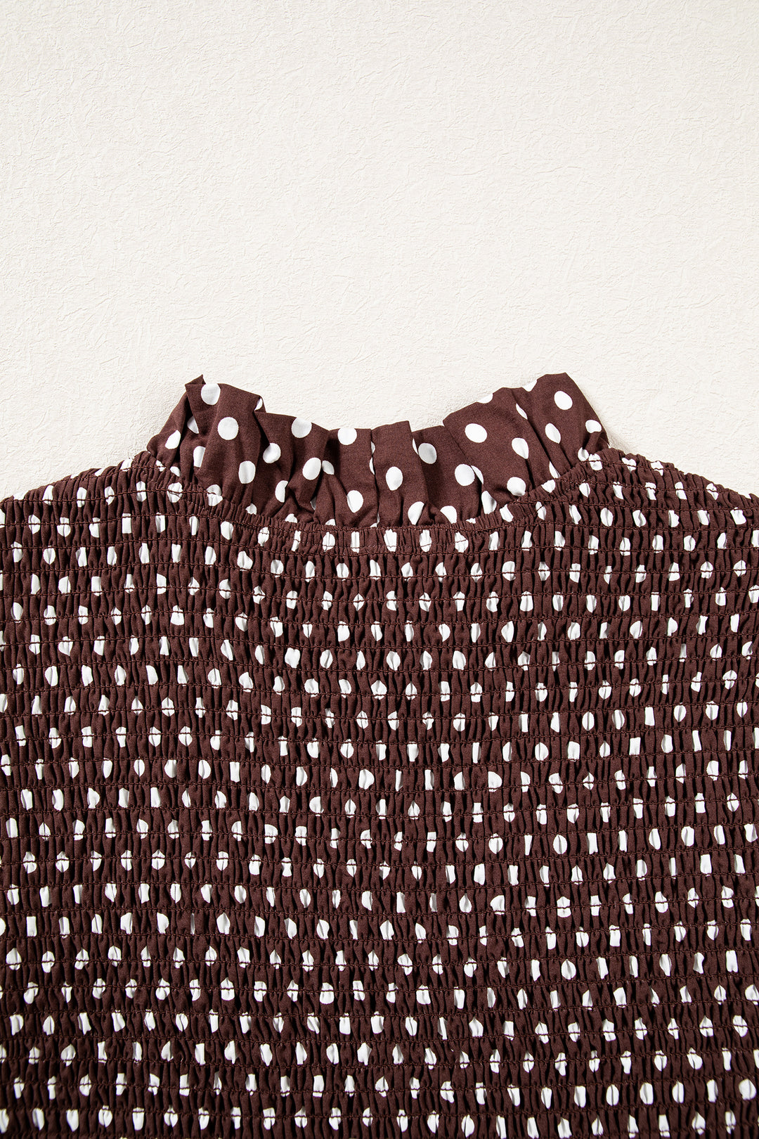 Brown Polka Dot Ruffled High Neck Shirred Ruffle Hem Blouse