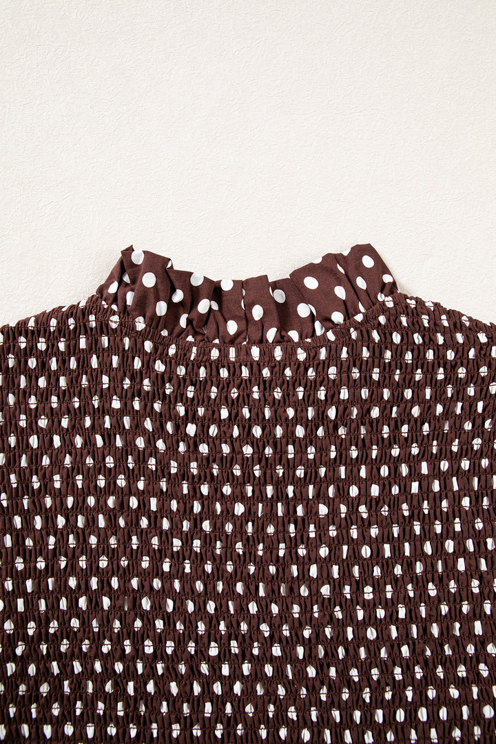 Brown Polka Dot Ruffled High Neck Shirred Ruffle Hem Blouse