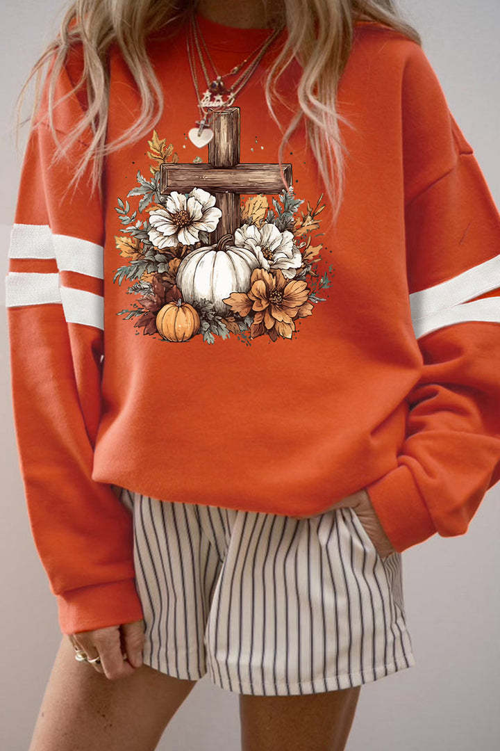Orange Thanksgiving Floral Pumpkin Cross Print Banded Sleeve Graphic Sweatshirt