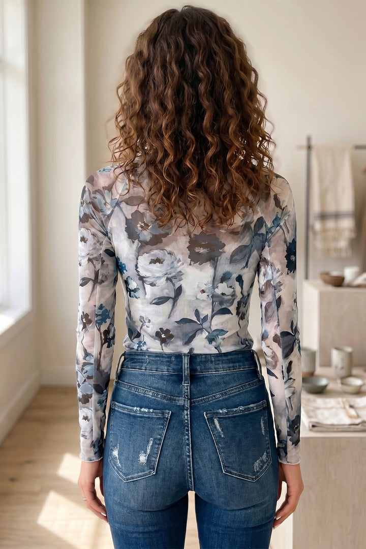Sky Blue Floral Mesh High Neck Long Sleeve Sheath Top