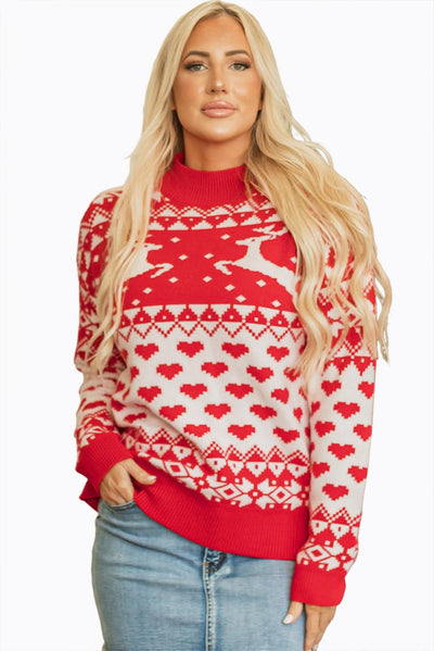 Fiery Red Merry Christmas Reindeer Heart Pattern High Neck Sweater