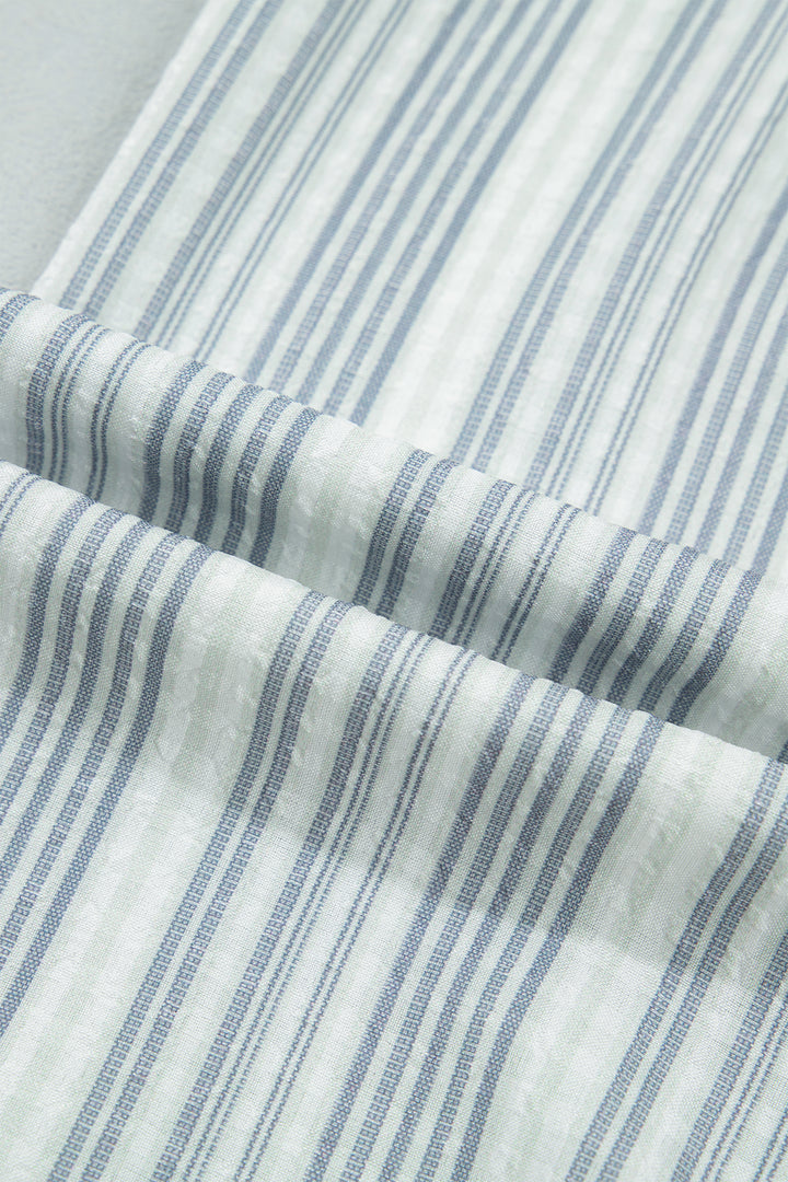 Blue Stripe V Neck Shirred Long Sleeve Blouse