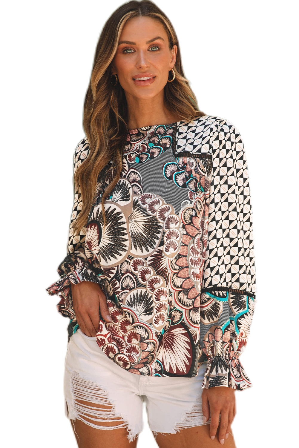 Black Mixed Floral Geometric Print Ruffled Long Sleeve Blouse