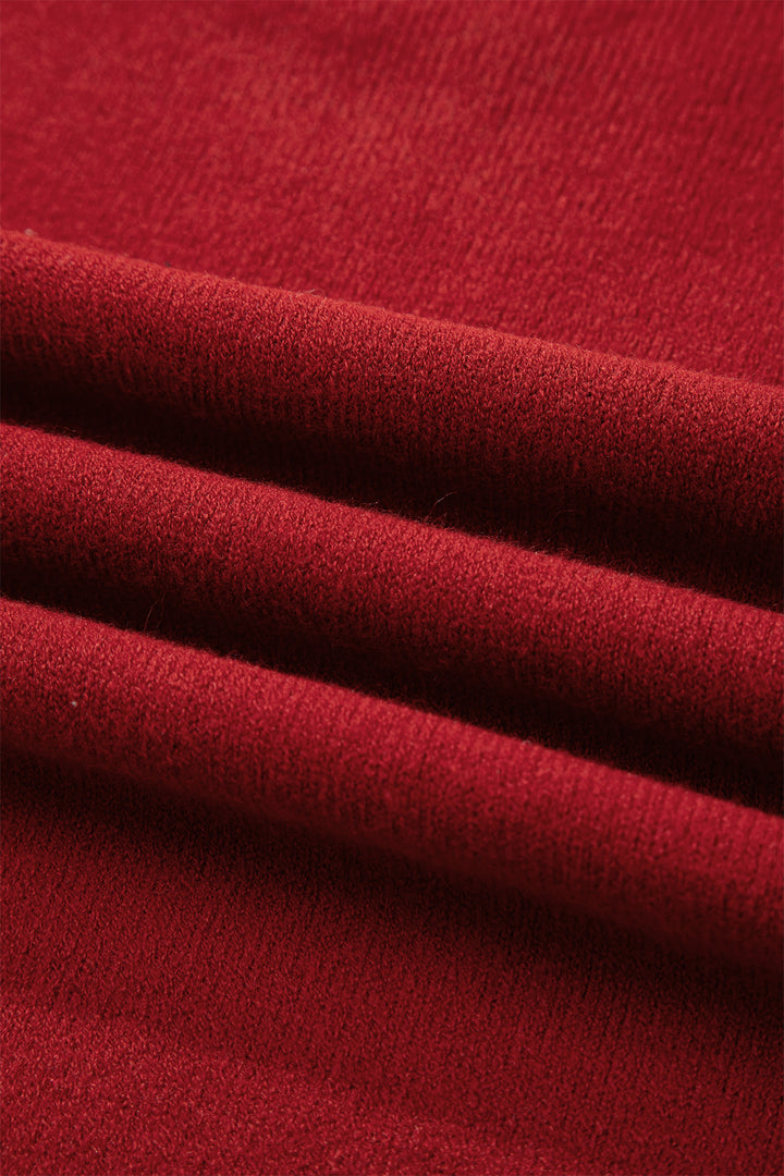 Racing Red Leopard Bow Decor Split Cuff Contrast Trim Sweater