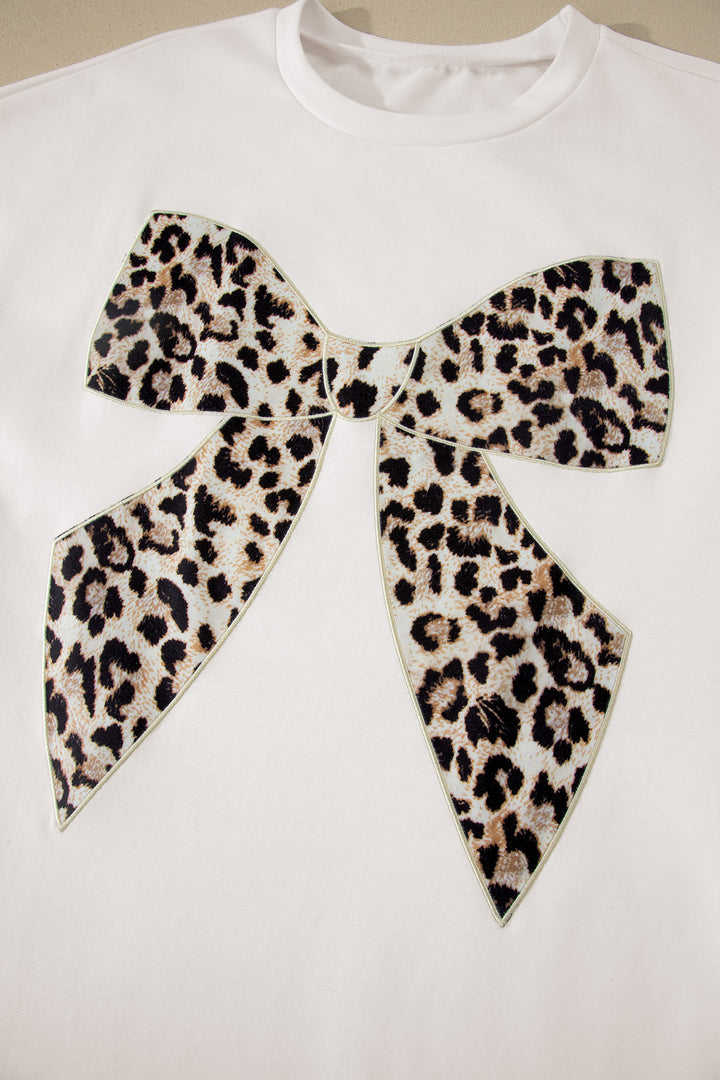 Dark Grey Contrast Leopard Bow Patched Short Sleeve T Shirt Long Dress