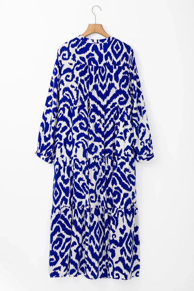 Tiered Printed Notched Long Sleeve Midi Dress