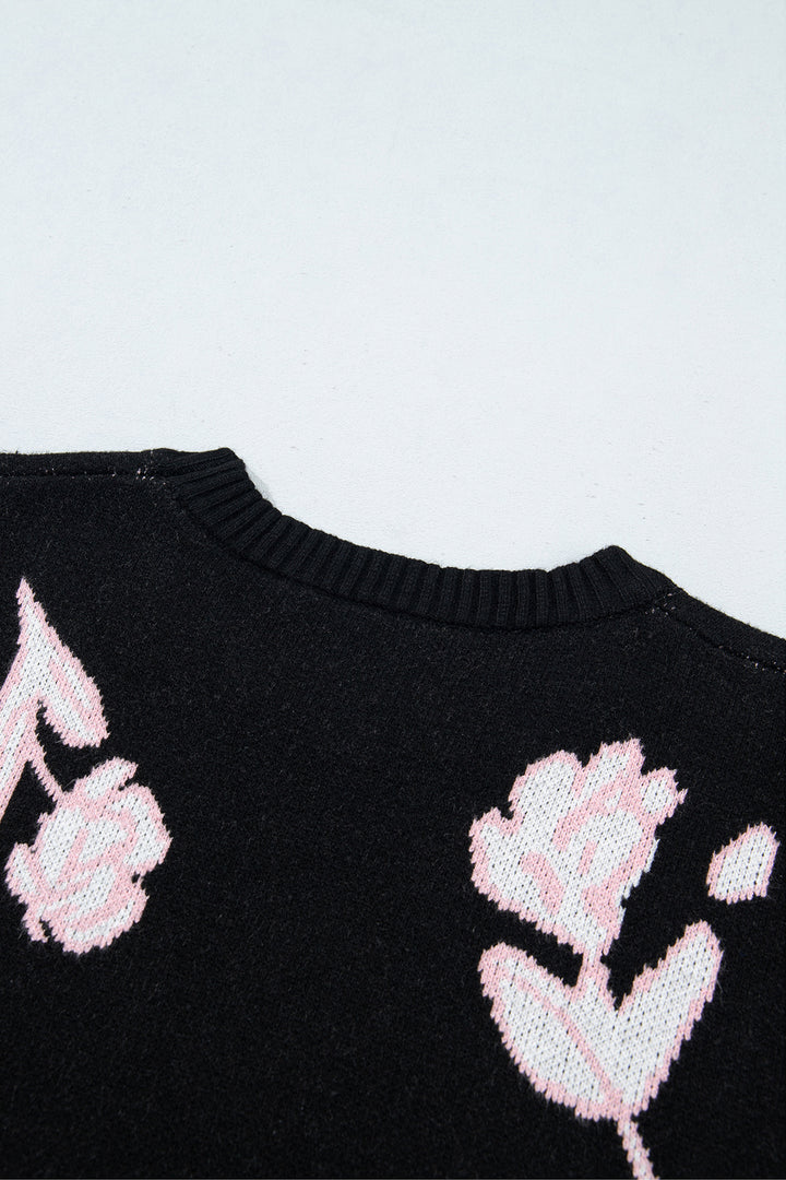 Black Floral Pattern Puff Sleeve Dropped Shoulder Pullover Sweater