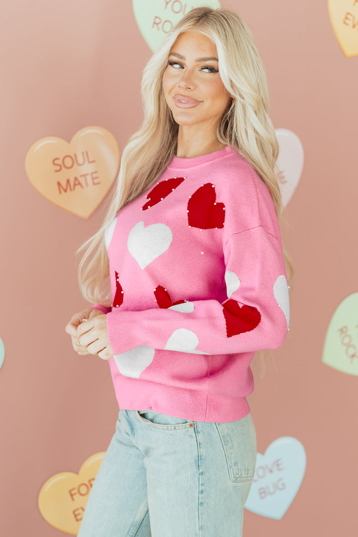 Pink Pearl Embellished Heart Pattern Valentines Day Sweater