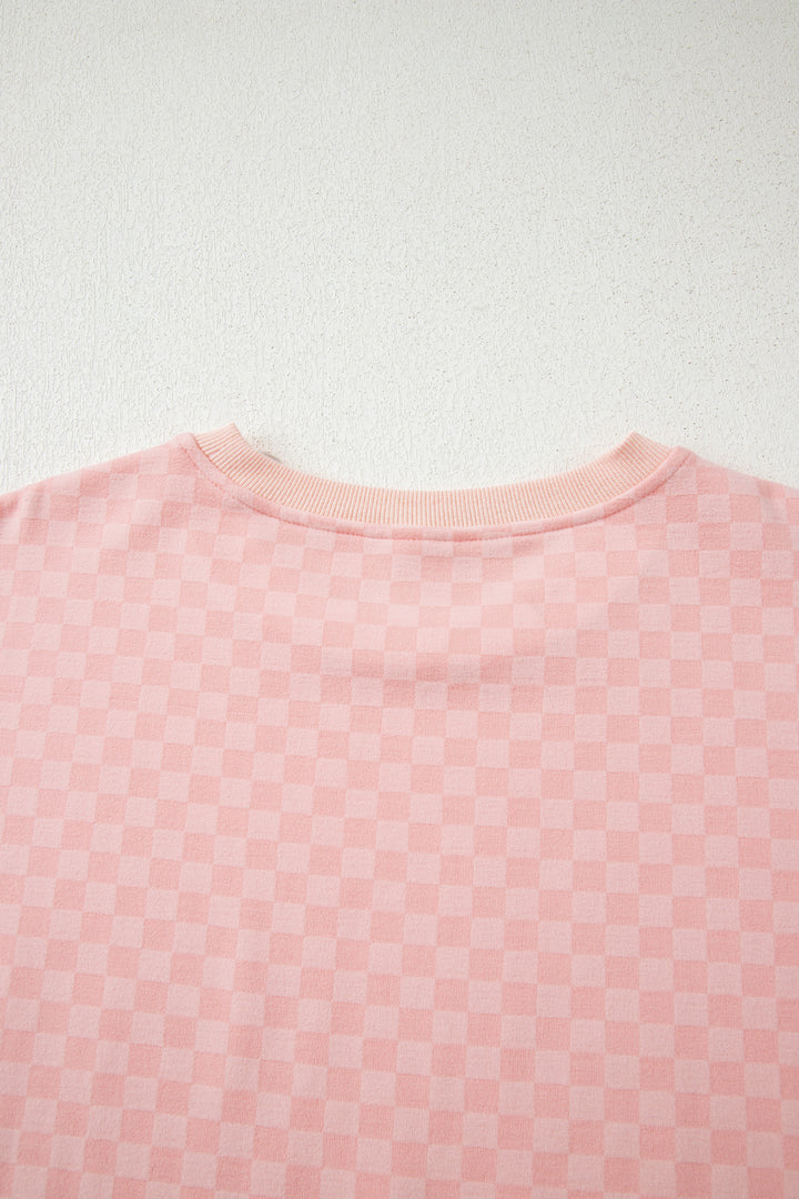Pink Checkerboard Long Sleeve Pullover and Shorts Set