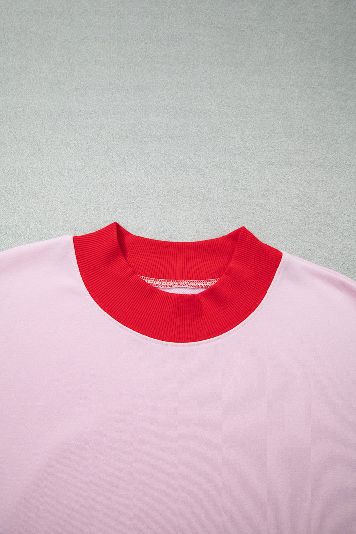 Pink Color Block Contrast Trim Plus Size Sweatshirt